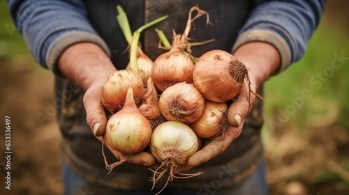 Close up of farmer male hands holding onions in the cob. Organic food, harvesting, farming and autumn concept. Generative AI