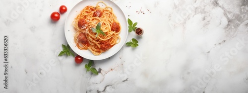 delicious appetizing classic spaghetti pasta with tomato sauce, parmesan. White Gold marble table. Generative AI