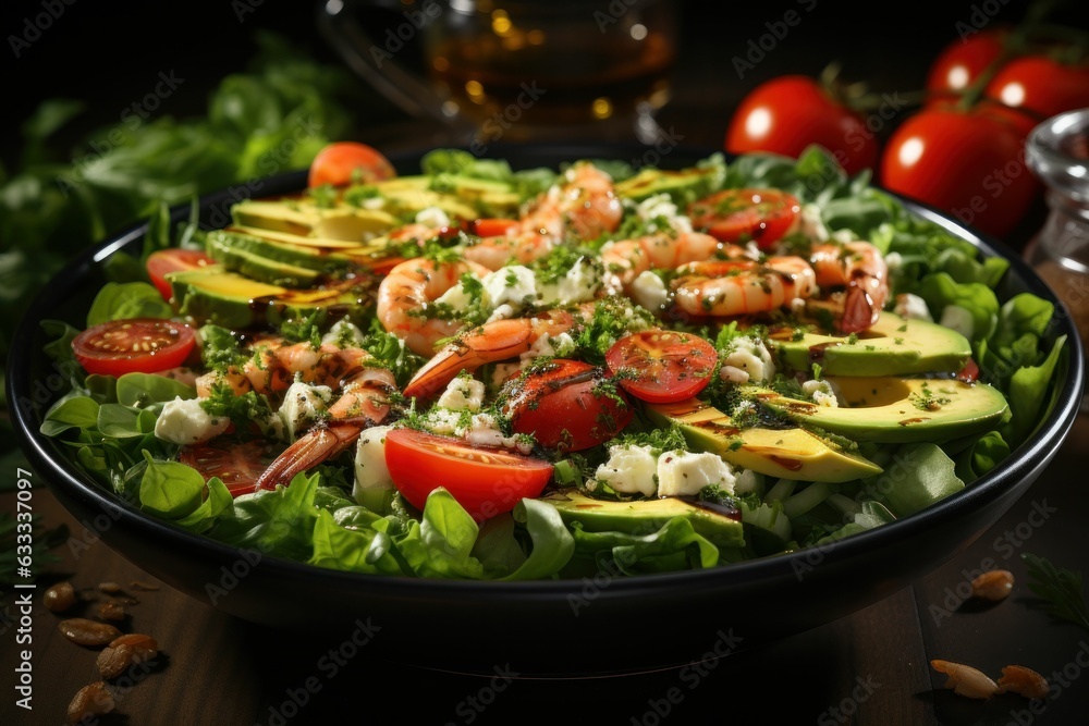 Fresh Avocado, shrimps salad with lettuce green mix, cherry tomatoes, herbs and olive oil, lemon dressing. healthy food concept. Generative AI Fresh Avocado, shrimps salad with lettuce green mix, cherry tomatoes, herbs and olive oil, lemon dressing. healthy food concept. Generative AI