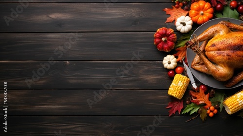 Festive Thanksgiving Day food background with roasted whole turkey or chicken and sauce, harvest vegetables: corn, pumpkin, carrots with cutlery on dark rustic kitchen table, top view. Generative AI