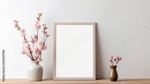 Frame poster mockup, scandinavian style interior with beatiful flowers in a vase and home decoration on empty neutral pastel color wall background. Generative AI