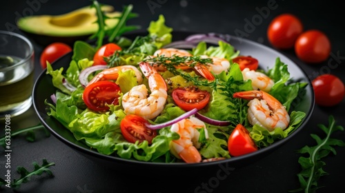 Fresh Avocado, shrimps salad with lettuce green mix, cherry tomatoes, herbs and olive oil, lemon dressing. healthy food concept. Generative AI
