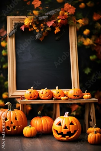 Halloween welcome signboard mockup with pumpkins  lantern and fallen leaves. Black board with autumn holiday decoration with copy space. Halloween concept. Generative AI