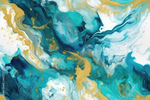 Ink and watercolor marbling turquoise and gold background