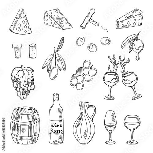 Vector wine elements. Bottle, cheese, grape vine, cork, corkscrew, grapes, olives, isolated on white background.