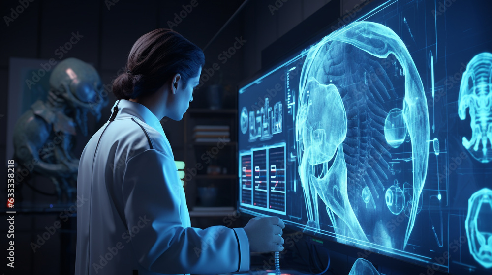 A young male doctor clicking on an image while other medical icons are displayed, medical stock images A young male doctor clicking on an image while other medical icons are displayed, medical stock images
