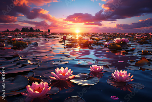 Lotus blooms grace the lake, sunsets colors kiss natures canvas Generative AI