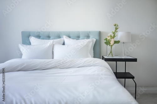 Interior with white bed linen on the sofa. Bedroom with bed, white bedding, and bedside table. White pillows, duvet and duvet case on bed with blue headboard. Generative AI