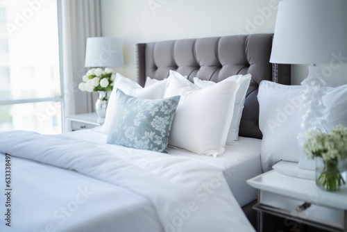 Interior with white bed linen on the sofa. Bedroom with bed  white bedding  and bedside table. White pillows  duvet and duvet case on bed with blue headboard. Generative AI