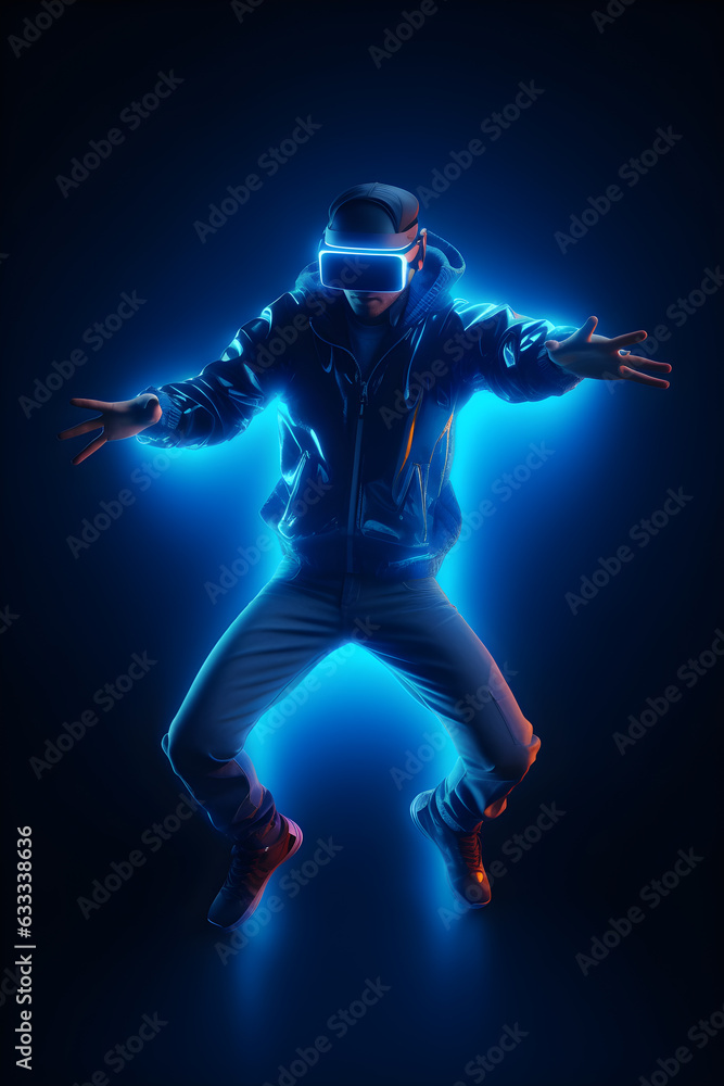 dancing gamer man wearing virtual reality glasses on blue neon background ,generative ai