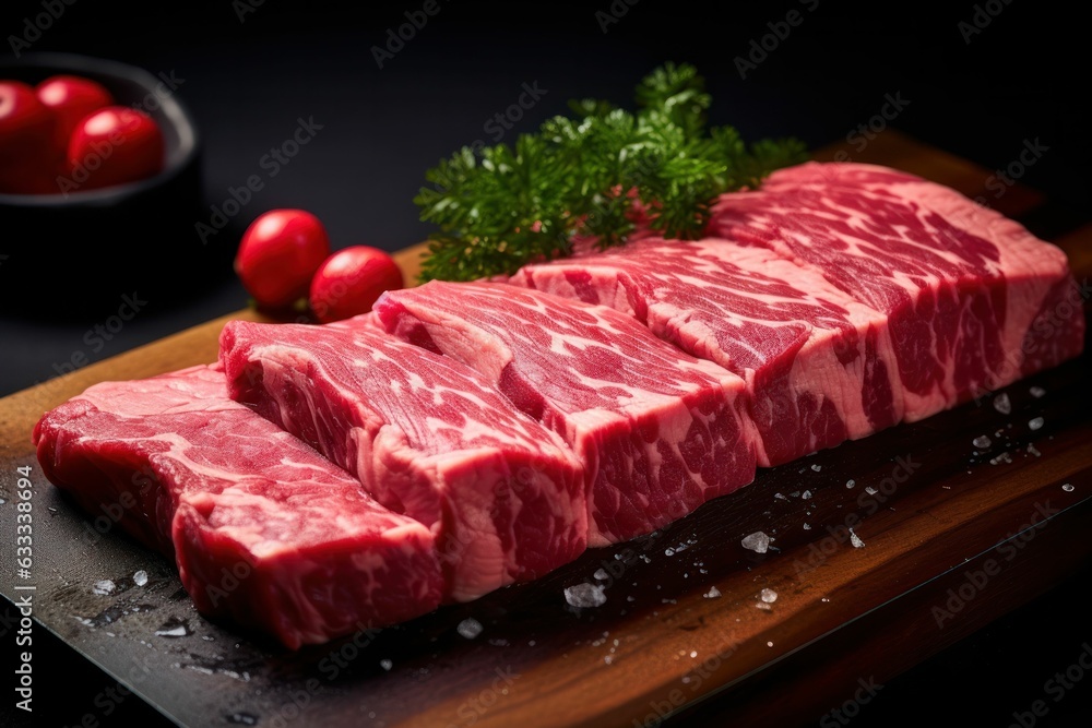 Kuromo Wagyu steak. Copy space. Top down view. Generative AI