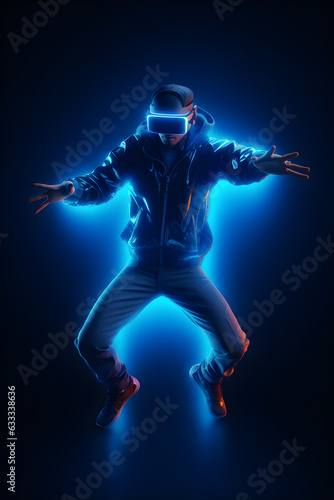 dancing gamer man wearing virtual reality glasses on blue neon background ,generative ai