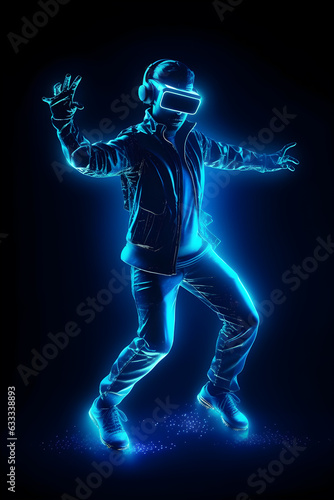 gamer man wearing virtual glasses on blue neon background ,generative ai © sipalingPNG