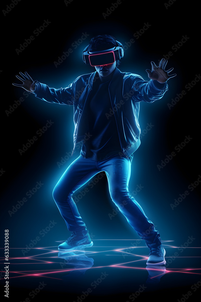 gamer man wearing virtual glasses on blue neon background ,generative ai