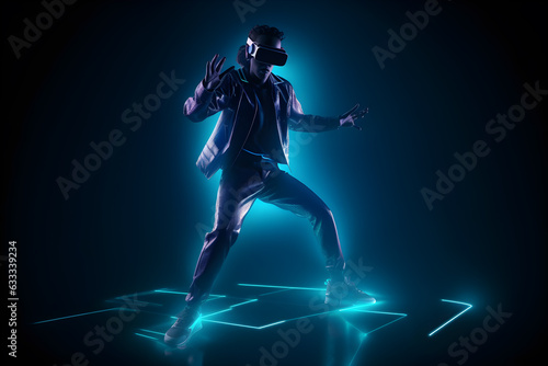 gamer man wearing virtual glasses on blue neon background ,generative ai © Leo
