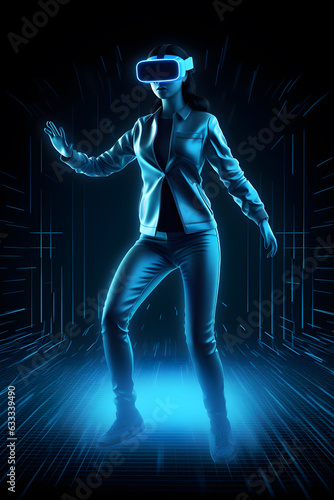 gamer man wearing virtual glasses on blue neon background ,generative ai © sipalingPNG