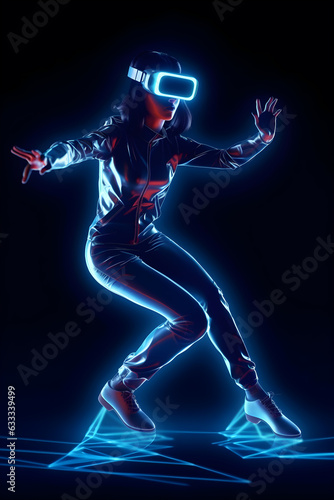 gamer man wearing virtual glasses on blue neon background ,generative ai