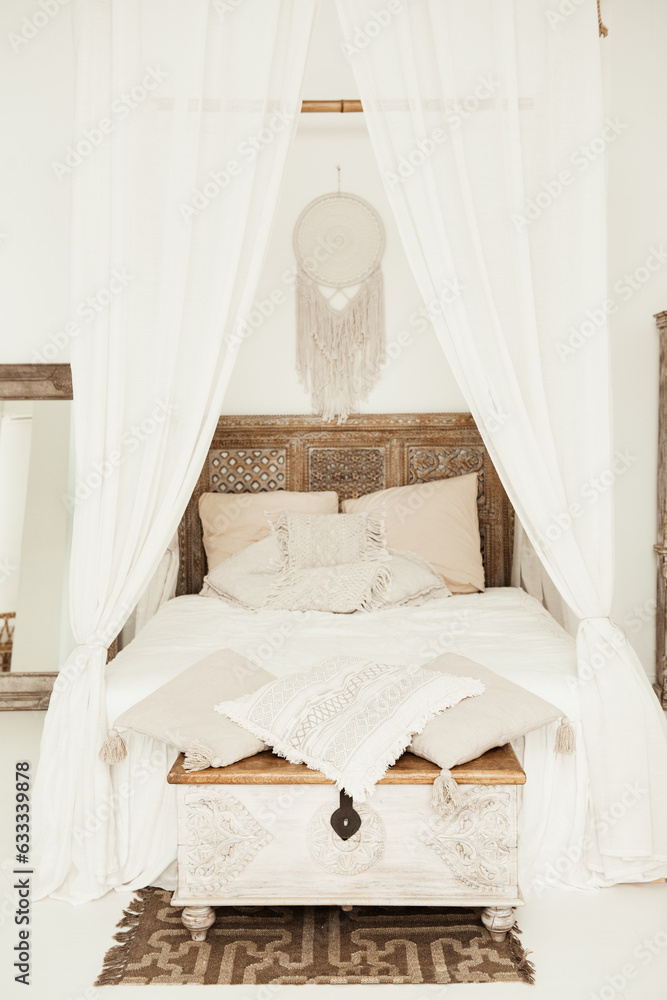 Wood Rustic Twin Panel Bed. Bedroom Collection Furniture. Bed with Linen, white curtains and Pillows. High Headboard Wooden Captains Bed Wood Rustic Twin Panel Bed. Bedroom Collection Furniture. Bed with Linen, white curtains and Pillows. High Headboard Wooden Captains Bed