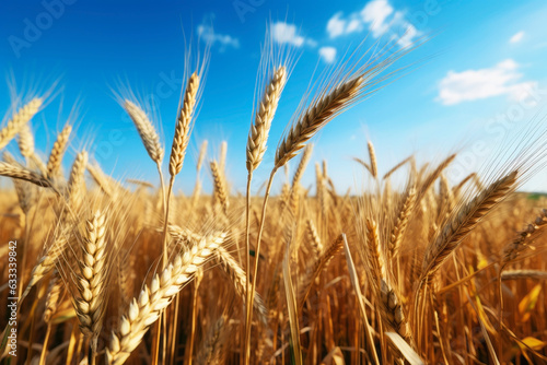 A field of wheat with ears in the foreground. Generative AI