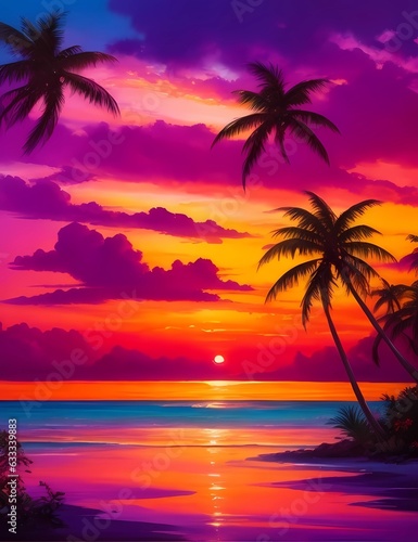 Tropical Sunsets: Capture the magical hues of a tropical sunset, with vibrant colors painting the sky and casting a warm glow over the landscape.   © Fantasy24