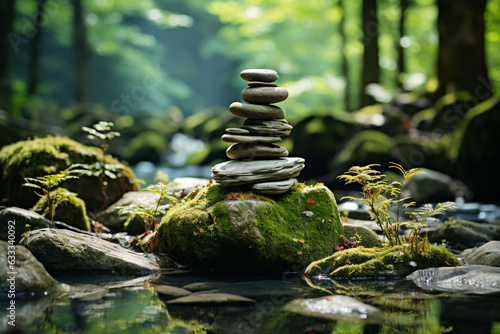 Serene Zen oasis, spiritually uplifting, balanced stone art, tranquil nature ambiance Generative AI