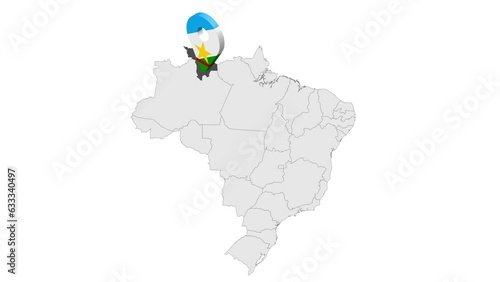 Location Roraima on map Brazil. 3d Roraima flag map marker location pin. Map of  Brazil showing different parts. Animated map States of Brazil. 4K.  Video photo