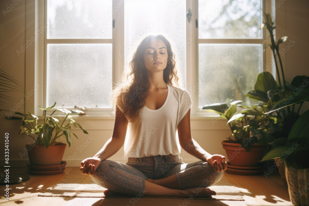 woman unwinds meditating in yoga lotus pose on living room floor at home woman unwinds meditating in yoga lotus pose on living room floor at home