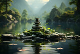 Zen sanctuary, tranquil aura, balanced stones, serene nature setting, meditative ambiance  Generative AI