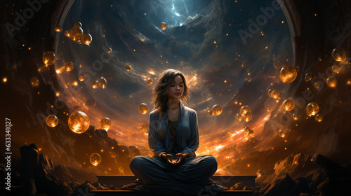 Cosmic Contemplation: Woman Praying and Meditating