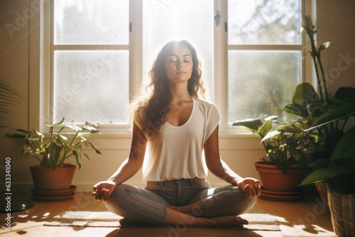 woman unwinds meditating in yoga lotus pose on living room floor at home