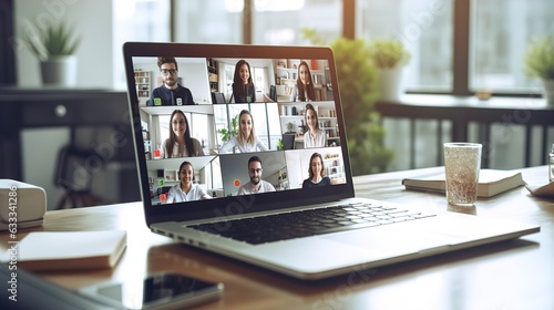 Virtual Meeting Video Conference. Team working by group video call share ideas brainstorming negotiating use video conference, pc screen view multi ethnic young people. photo