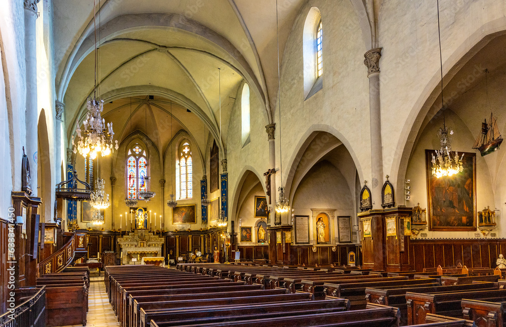 Main nave and presbytery of Eglise Notre Dame d'Esperance Our Lady church in historic Castle Hill old town of Cannes at French Riviera in France