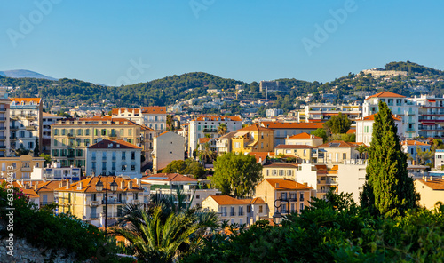 Panoramic view of Cannes city center with Carnot quarter seen from old town Castle Hill on French Riviera of Mediterranean Sea in France
