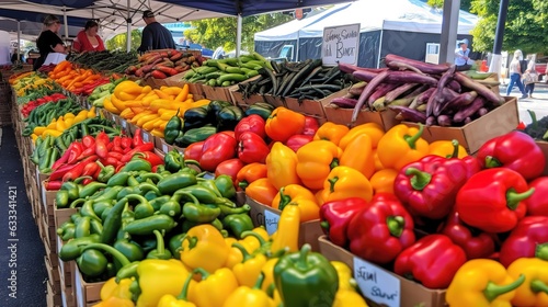 Vibrant Farmers Market. Fresh background, organic produce at a Farmers market. Assorted fruits and vegetables.