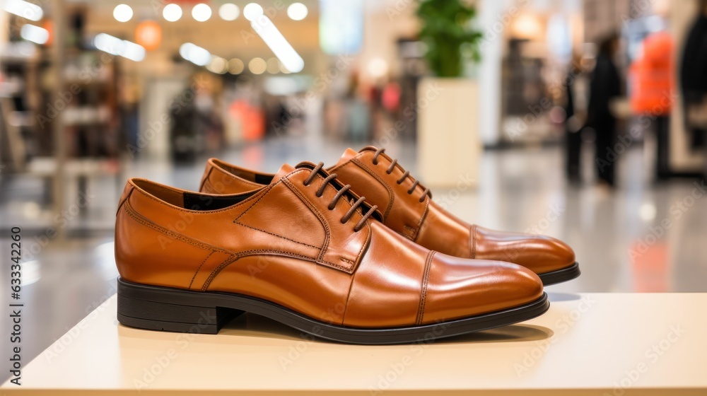 Pair of Stylish men's brown modern oxfords on a stand in front of a shoe store in a shopping mall. Generative AI Pair of Stylish men's brown modern oxfords on a stand in front of a shoe store in a shopping mall. Generative AI