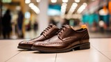 Pair of Stylish men's brown modern brogue on a stand in front of a shoe store in a shopping mall. Generative AI