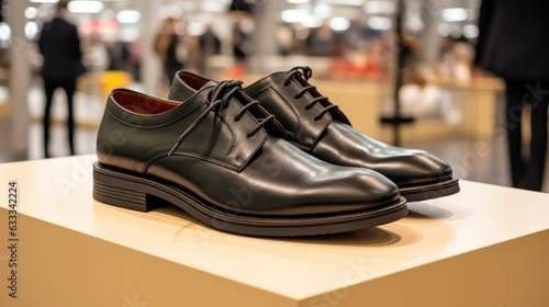Pair of Stylish men's black modern derby on a stand in front of a shoe store in a shopping mall. Generative AI
