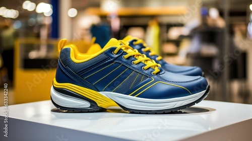 Pair of Stylish men's blue-yellow sports shoes on a stand in front of a shoe store in a shopping mall. Generative AI