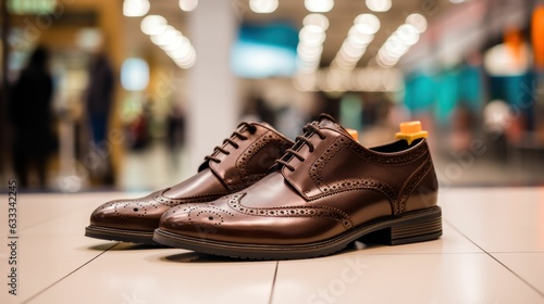Pair of Stylish men's brown modern brogue on a stand in front of a shoe store in a shopping mall. Generative AI