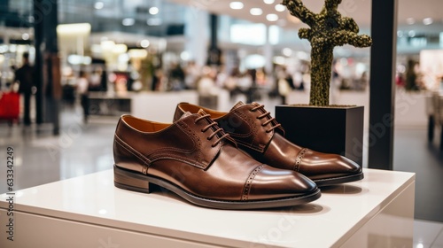 Pair of Stylish men's brown modern derby on a stand in front of a shoe store in a shopping mall. Generative AI