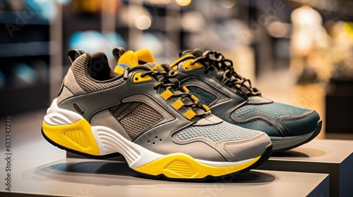 Pair of Stylish men's textile in grey, yellow and black colors sports shoes on a stand in front of a shoe store in a shopping mall. Generative AI