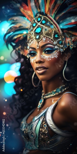 A sultry showgirl adorned with vibrant face paint and dazzling jewelry sways to the rhythm of the carnival, captivating the crowd with her mesmerizing dance