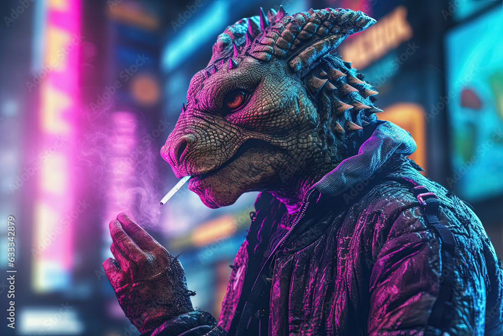 Cyber punk sci fi animal creature in futuristic neon city