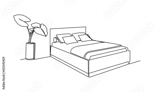 Continuous one line drawing of bed and with potted plant. Vector illustration