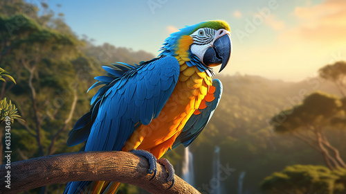 Blue and Yellow Macaws in the morning sun. Generative AI