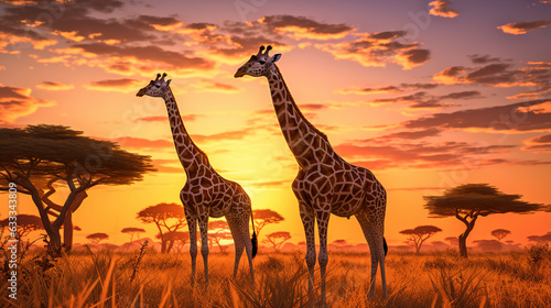 Giraffe on savanna with sunset. Generative AI