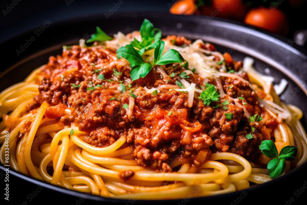 Spaghetti Bolognese with vibrant tomato sauce, fresh herbs, and cracked black pepper - a close-up of delicious homemade Italian comfort food.