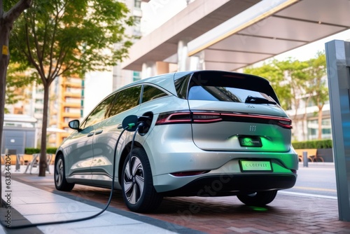 The EV minivan is charged from charging station at city center or public car park. Eco friendly rechargeable car using alternative clean energy in urban city lifestyle. Generative AI © Sandris_ua
