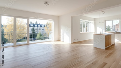 The key on the floor in the foreground  in a bright  spacious modern empty open - plan apartment with stylish renovation. Realtor concept. Generative AI