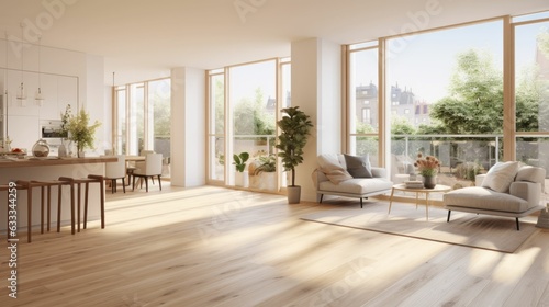 The key on the floor in the foreground, in a bright, spacious modern empty open - plan apartment with stylish renovation. Realtor concept. Generative AI